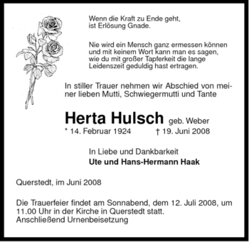 Traueranzeige von Herta Hulsch von ALLGEMEINE ZEITUNG UELZEN