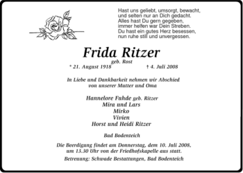 Traueranzeige von Frida Ritzer von ALLGEMEINE ZEITUNG UELZEN