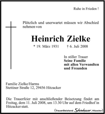 Traueranzeige von Heinrich Zielke von ALLGEMEINE ZEITUNG UELZEN