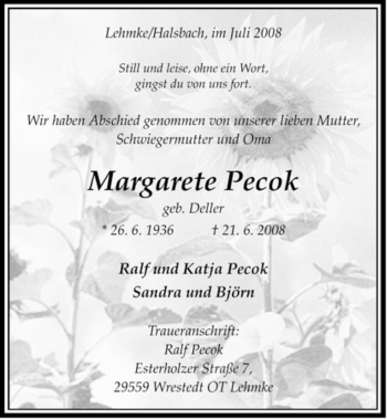 Traueranzeige von Margarete Pecok von ALLGEMEINE ZEITUNG UELZEN