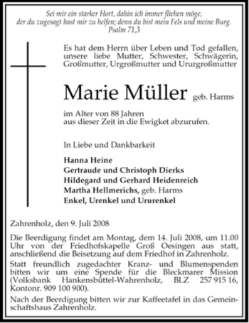 Traueranzeige von Marie Müller von ALLGEMEINE ZEITUNG UELZEN