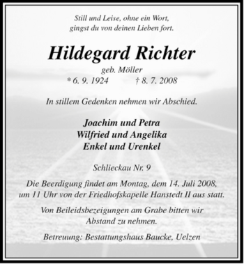 Traueranzeige von Hildegard Richter von ALLGEMEINE ZEITUNG UELZEN