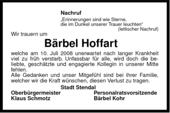 Traueranzeige von Bärbel Hoffart von ALLGEMEINE ZEITUNG UELZEN