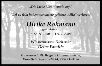 Traueranzeige von Ulrike Rohmann von ALLGEMEINE ZEITUNG UELZEN