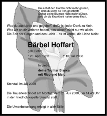 Traueranzeige von Bärbel Hoffart von ALLGEMEINE ZEITUNG UELZEN