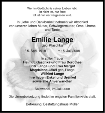 Traueranzeige von Emilie Lange von ALLGEMEINE ZEITUNG UELZEN