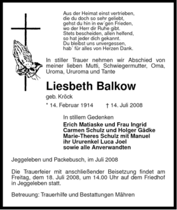 Traueranzeige von Liesbeth Balkow von ALLGEMEINE ZEITUNG UELZEN