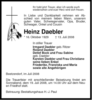 Traueranzeige von Heinz Daebler von ALLGEMEINE ZEITUNG UELZEN