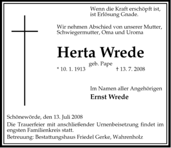 Traueranzeige von Herta Wrede von ALLGEMEINE ZEITUNG UELZEN