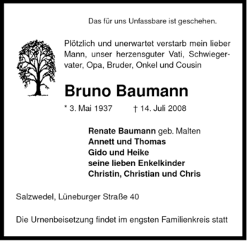 Traueranzeige von Bruno Baumann von ALLGEMEINE ZEITUNG UELZEN