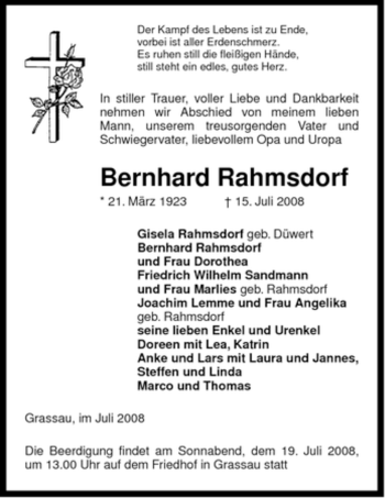 Traueranzeige von Bernhard Rahmsdorf von ALLGEMEINE ZEITUNG UELZEN