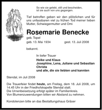 Traueranzeige von Rosemarie Benecke von ALLGEMEINE ZEITUNG UELZEN