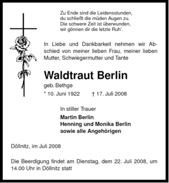 Traueranzeige von Waltraut Berlin von ALLGEMEINE ZEITUNG UELZEN