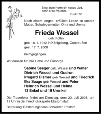 Traueranzeige von Frieda Wessel von ALLGEMEINE ZEITUNG UELZEN
