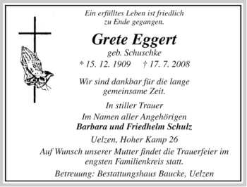 Traueranzeige von Grete Eggert von ALLGEMEINE ZEITUNG UELZEN