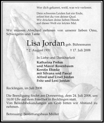 Traueranzeige von Lisa Jordan von ALLGEMEINE ZEITUNG UELZEN