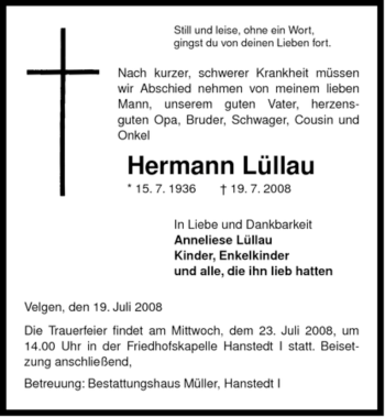 Traueranzeige von Hermann Lüllau von ALLGEMEINE ZEITUNG UELZEN