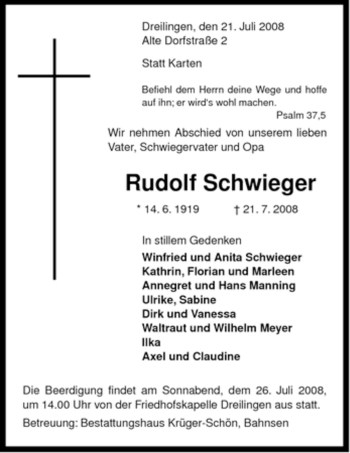 Traueranzeige von Rudolf Schwieger von ALLGEMEINE ZEITUNG UELZEN