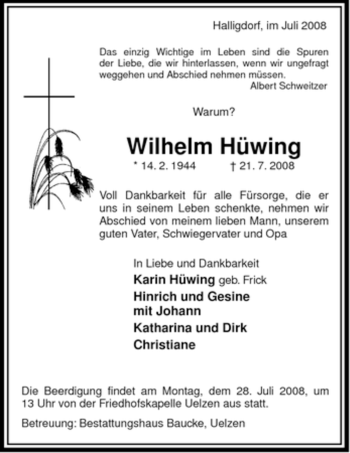 Traueranzeige von Wilhelm Hüwing von ALLGEMEINE ZEITUNG UELZEN