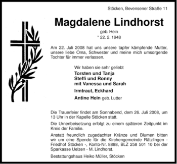 Traueranzeige von Magdalene Lindhorst von ALLGEMEINE ZEITUNG UELZEN