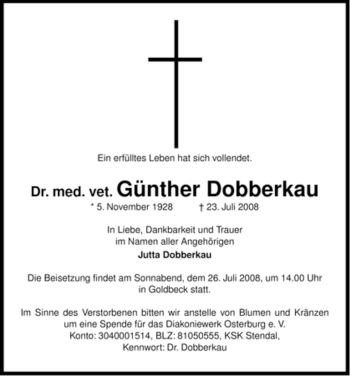 Traueranzeige von med.vet. Günther Dobberkau von ALLGEMEINE ZEITUNG UELZEN