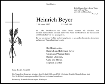 Traueranzeige von Heinrich Beyer von ALLGEMEINE ZEITUNG UELZEN