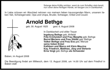 Traueranzeige von Arnold Bethge von ALLGEMEINE ZEITUNG UELZEN