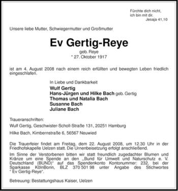 Traueranzeige von Ev Gertig-Reye von ALLGEMEINE ZEITUNG UELZEN