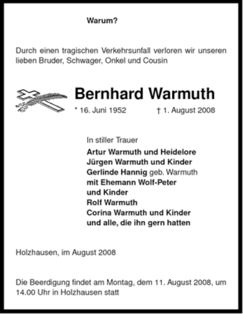 Traueranzeige von Bernhard Warmuth von ALLGEMEINE ZEITUNG UELZEN