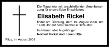 Traueranzeige von Elisabeth Rickel von ALLGEMEINE ZEITUNG UELZEN