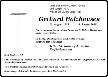 Traueranzeige von Gerhard Holzhausen von ALLGEMEINE ZEITUNG UELZEN