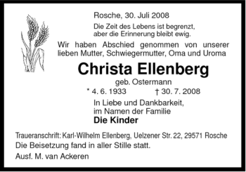 Traueranzeige von Christa Ellenberg von ALLGEMEINE ZEITUNG UELZEN