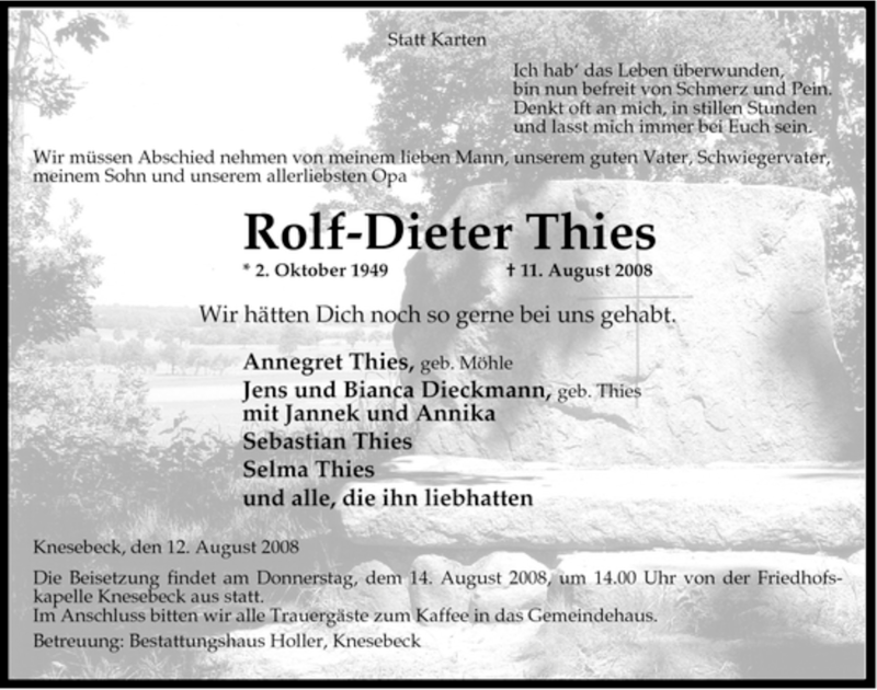  Traueranzeige für Rolf-Dieter Thies vom 12.08.2008 aus ALLGEMEINE ZEITUNG UELZEN