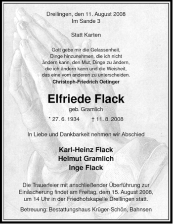 Traueranzeige von Elfriede Flack von ALLGEMEINE ZEITUNG UELZEN