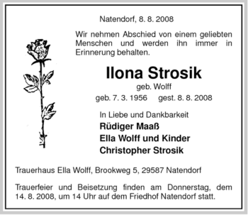 Traueranzeige von Ilona Strosik von ALLGEMEINE ZEITUNG UELZEN