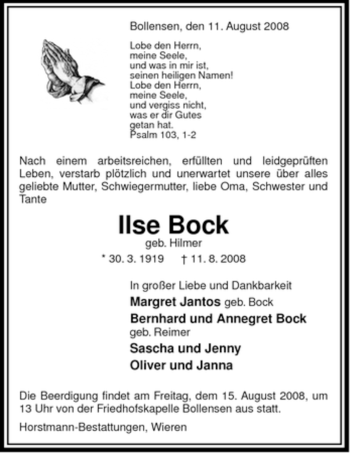 Traueranzeige von Ilse Bock von ALLGEMEINE ZEITUNG UELZEN