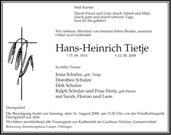 Traueranzeige von Hans-Heinrich Tietje von ALLGEMEINE ZEITUNG UELZEN