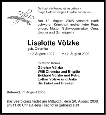 Traueranzeige von Liselotte Völzke von ALLGEMEINE ZEITUNG UELZEN