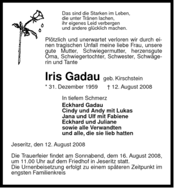 Traueranzeige von Iris Gadau von ALLGEMEINE ZEITUNG UELZEN