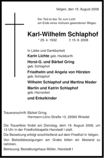 Traueranzeige von Karl-Wilhelm Schlaphof von ALLGEMEINE ZEITUNG UELZEN