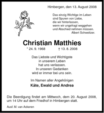 Traueranzeige von Christian Matthies von ALLGEMEINE ZEITUNG UELZEN
