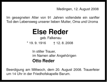 Traueranzeige von Else Reder von ALLGEMEINE ZEITUNG UELZEN