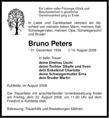 Traueranzeige von Bruno Peters von ALLGEMEINE ZEITUNG UELZEN