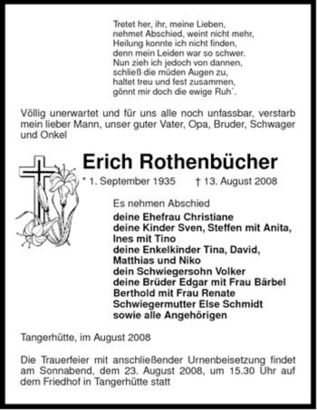 Traueranzeige von Erich Rothenbücher von ALLGEMEINE ZEITUNG UELZEN