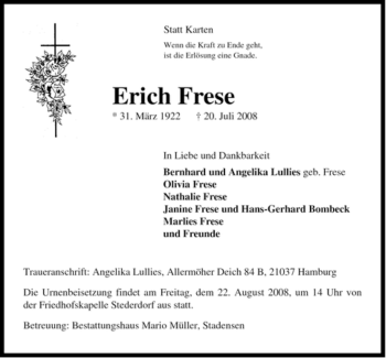 Traueranzeige von Erich Frese von ALLGEMEINE ZEITUNG UELZEN