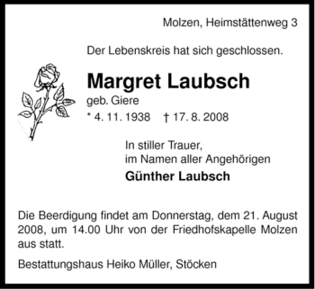 Traueranzeige von Margret Laubsch von ALLGEMEINE ZEITUNG UELZEN