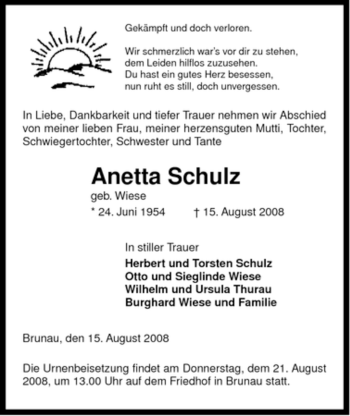 Traueranzeige von Anetta Schulz von ALLGEMEINE ZEITUNG UELZEN