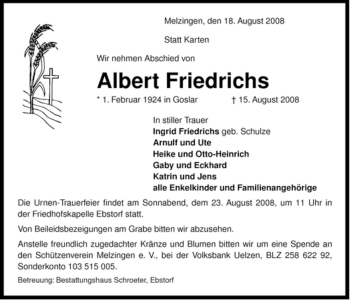 Traueranzeige von Albert Friedrichs von ALLGEMEINE ZEITUNG UELZEN