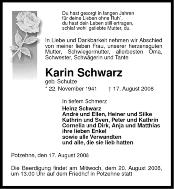 Traueranzeige von Karin Schwarz von ALLGEMEINE ZEITUNG UELZEN