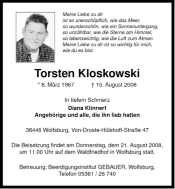 Traueranzeige von Torsten Kloskowski von ALLGEMEINE ZEITUNG UELZEN